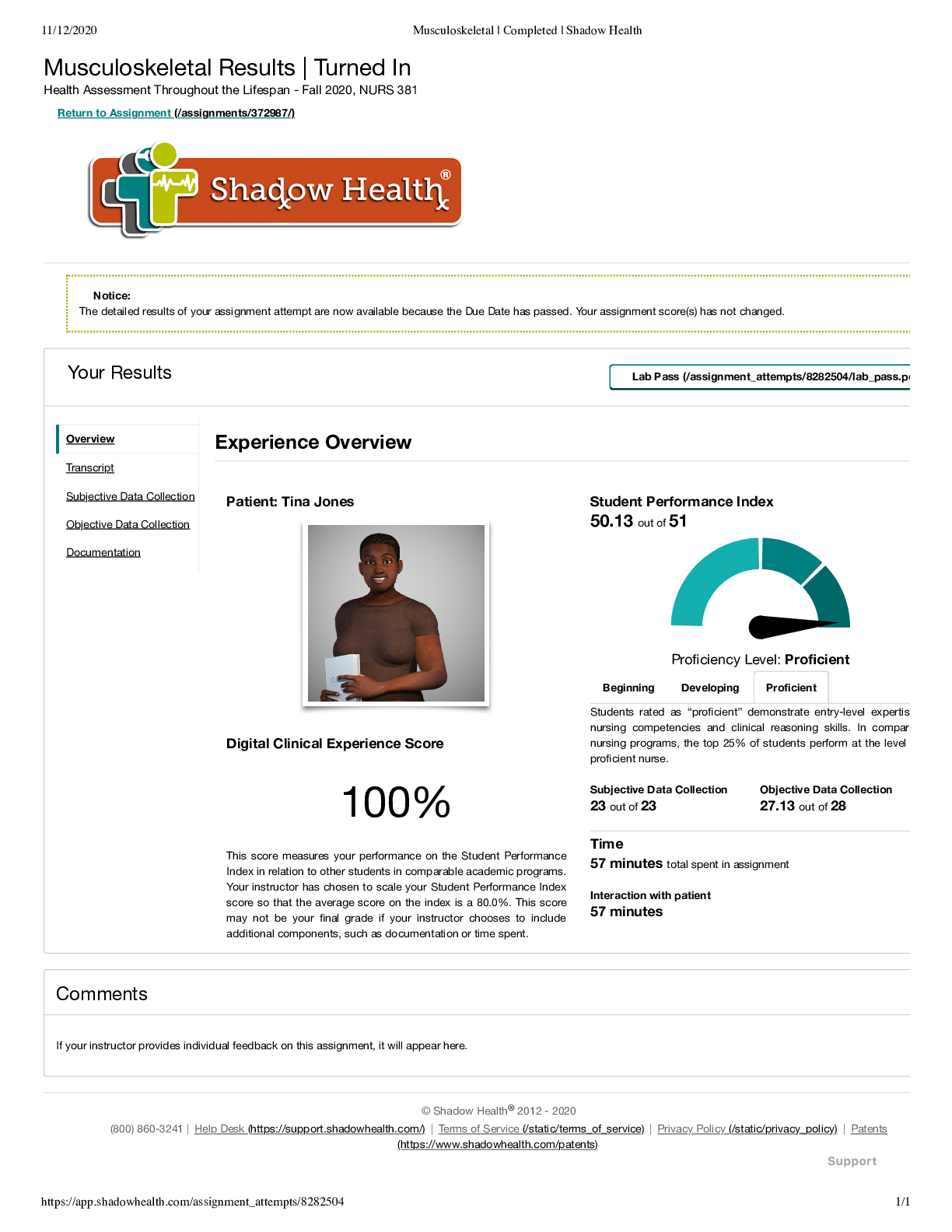 Preview image for TINA JONES TRANSCRIPT Musculoskeletal _ Completed _ Shadow Health